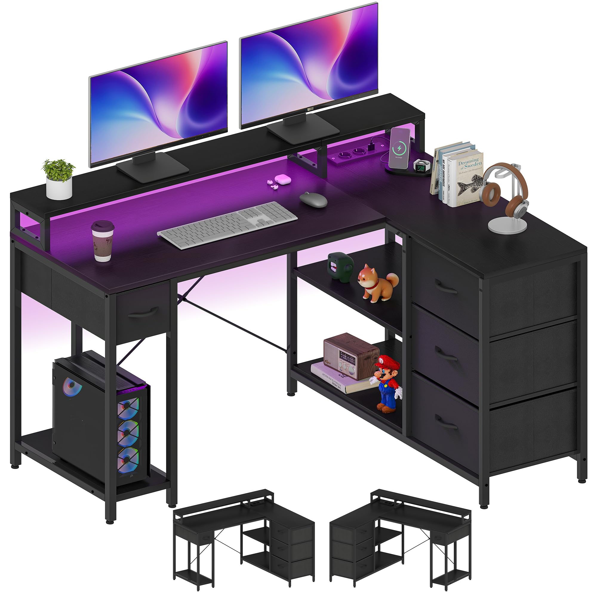 YITAHOME L Form Bureau avec Prise USB 4 Tiroirs Réversible 140x100cm Noir