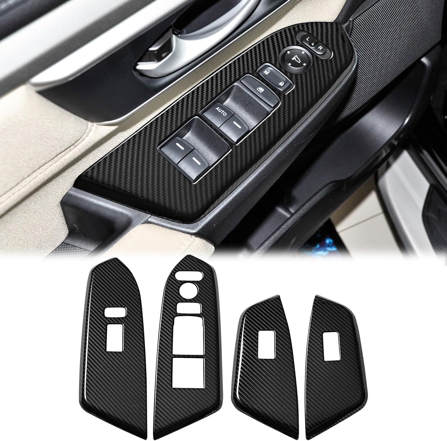 SUNJIKA Compatible with Stainless Steel Car Door Window Control Panel Cover Trim Interior Accessories for Honda CRV CR-V 2017 2018 2019 2020 2021 2022 (4pc Carbon Fiber Black)