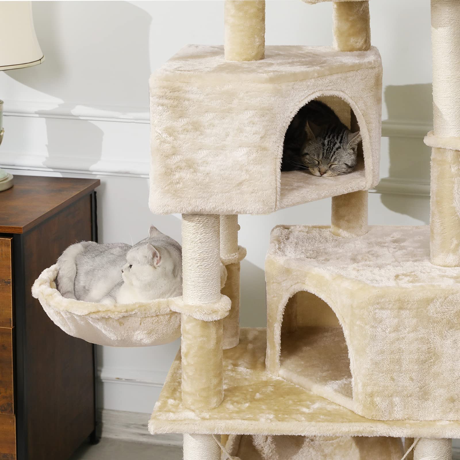 MSmask Rascador grande de 153 cm de alto, para gatos grandes con 2 grandes plataformas, cuevas grandes, troncos de sisal, árbol rascador para gatos de sisal natural, rascador estable, beige