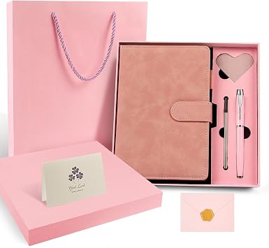 A5 Leather Journal for Women Men, Hardcover Notebook Set with Pen, Pink