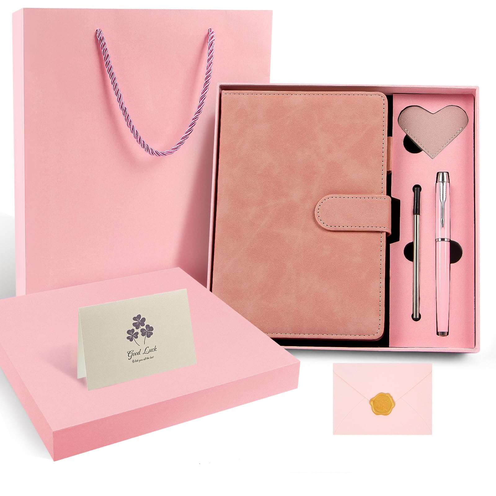 Juego de cuaderno de cuero para regalo, diario de tapa dura A5 con bolígrafo y 6 marcadores de corazón, caja de regalo + bolsa (rosa)