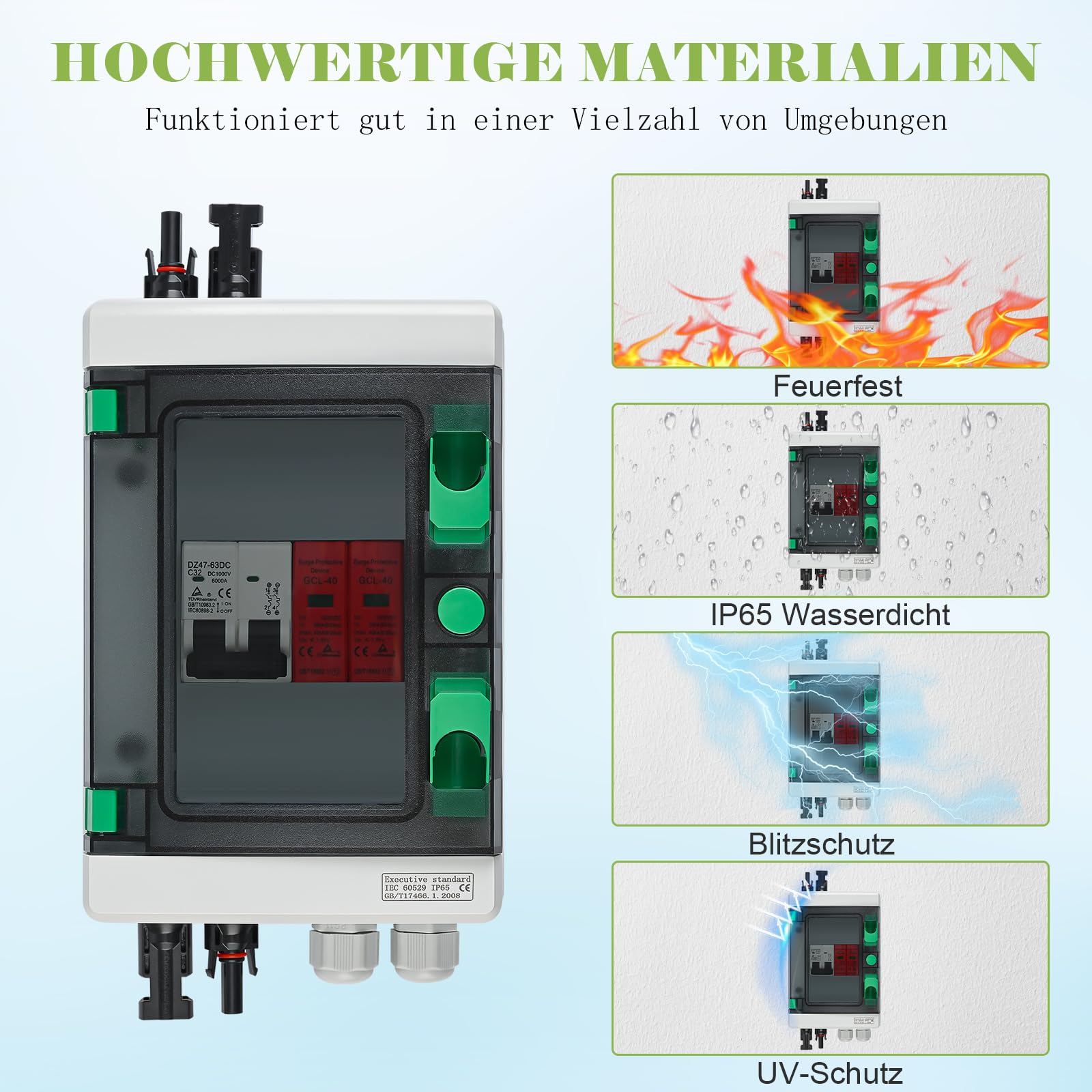 Überspannungsschutz PV DC 1000V Blitzschutz Leistungsschalter IP65 Wasserdicht 1 String 4 Modul Solar PV Anschlusskasten
