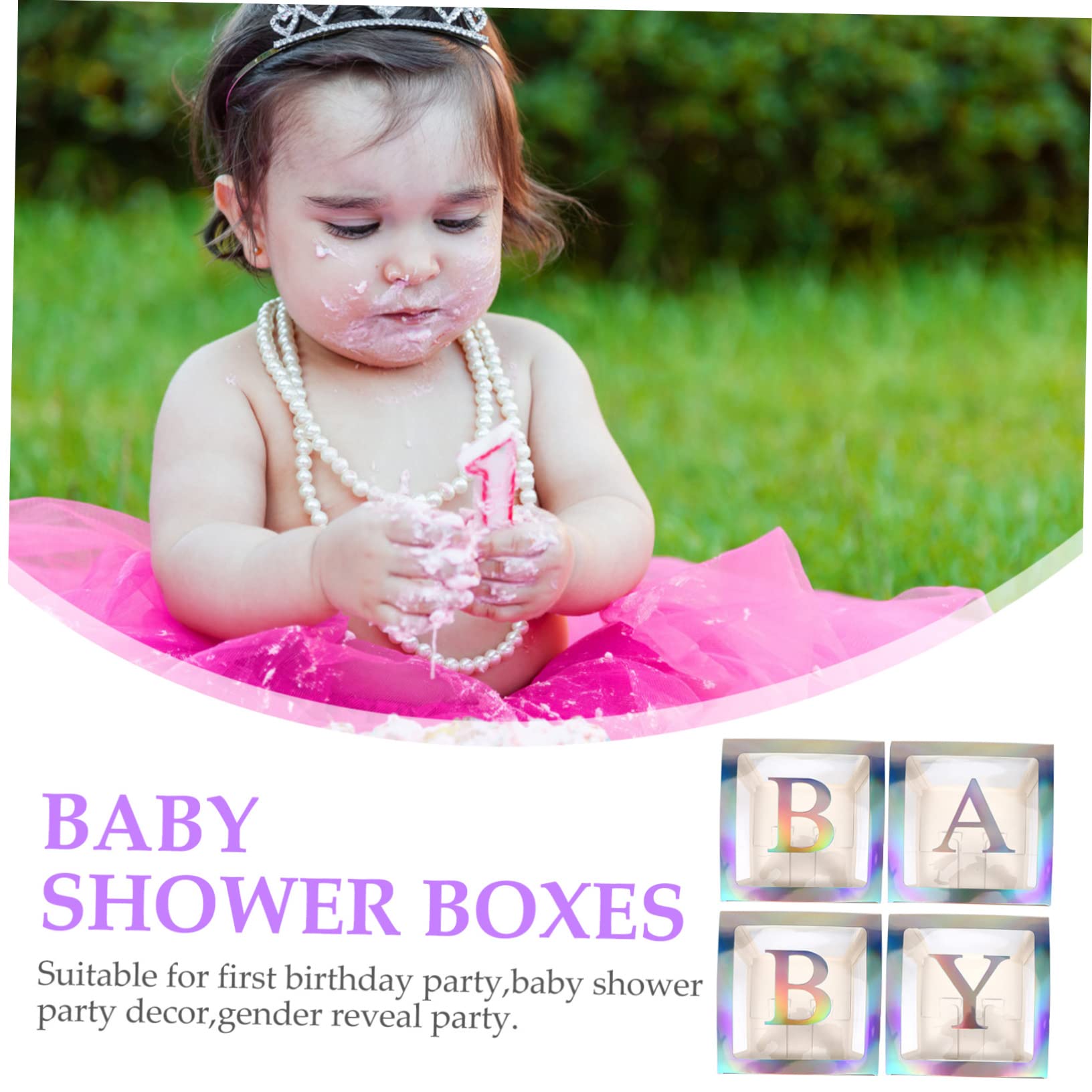 Transparente Babyparty Boxen aus Papier mit Silber Buchstaben