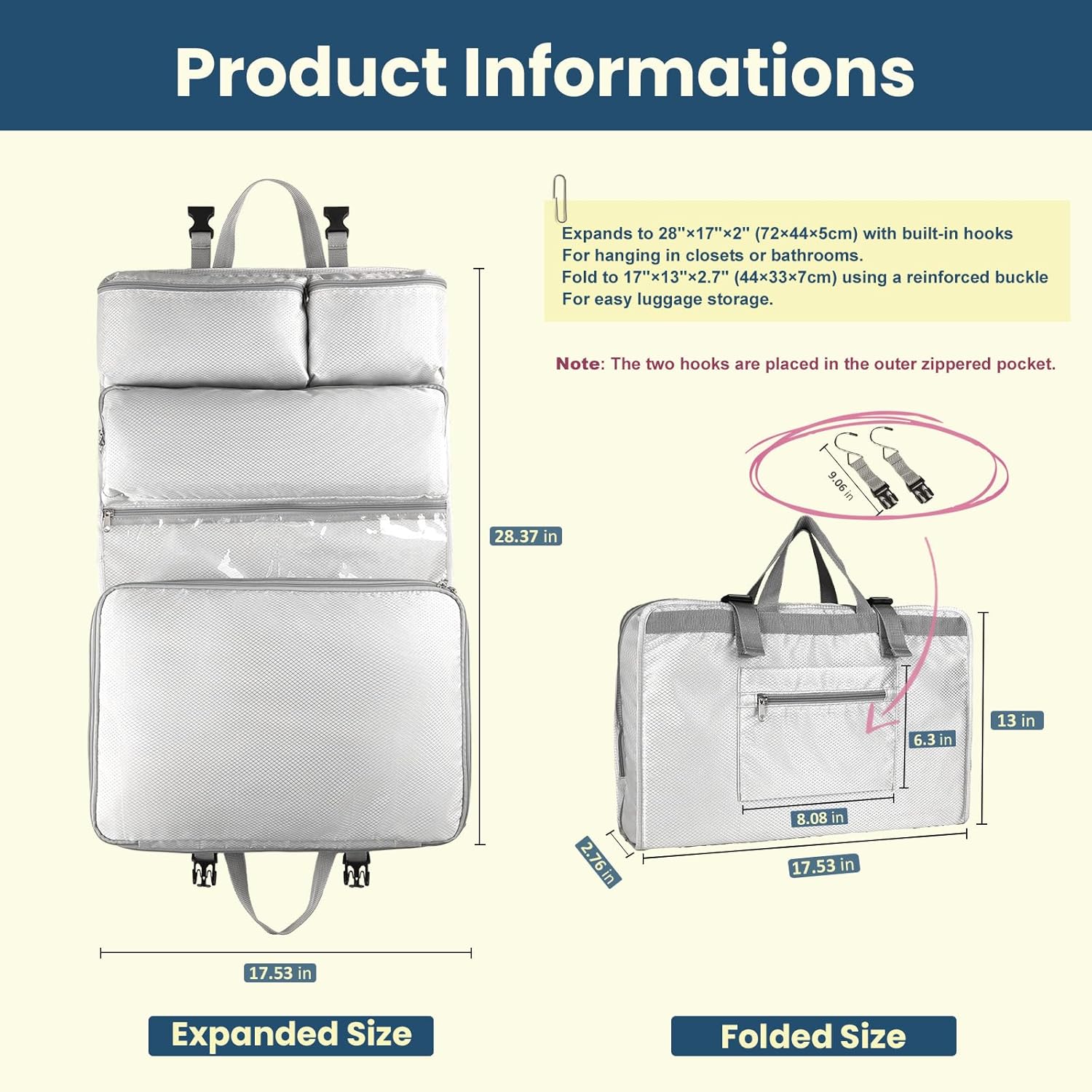 Surblue Travel Hanging Storage Bag for Luggage with Hooks and Handle Compression Packing Cube 6-in-1 Suitcase Organizer Travel Packing Organizers Space-Saving Carry-on Closet, Lightgrey