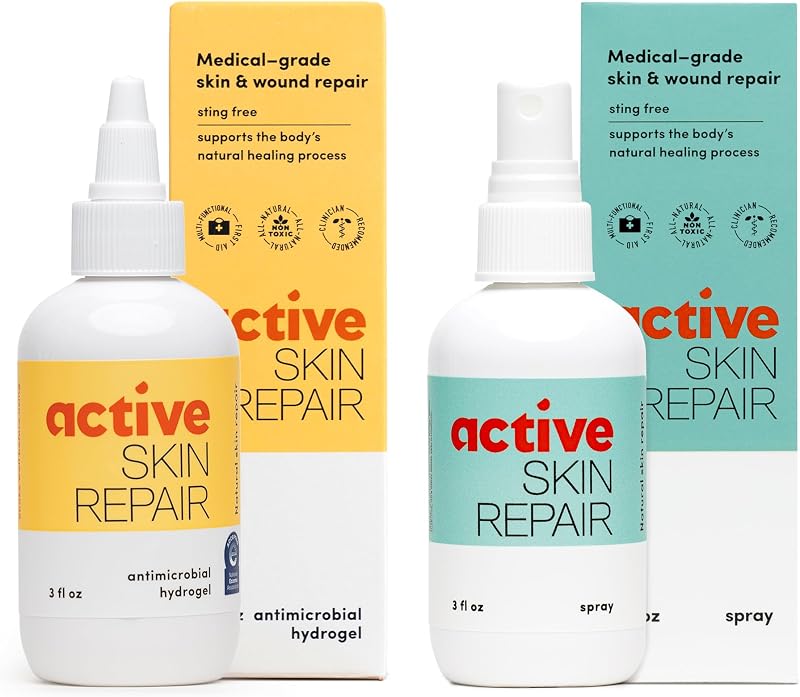 Paquete de hidrogel y spray de primeros auxilios Active Skin Repair, 3 oz cada uno | Ácido hipocloroso de grado médico, natural y no tóxico, paquete de primeros auxilios, cortes menores, heridas, raspaduras, erupciones cutáneas y quemaduras solares.