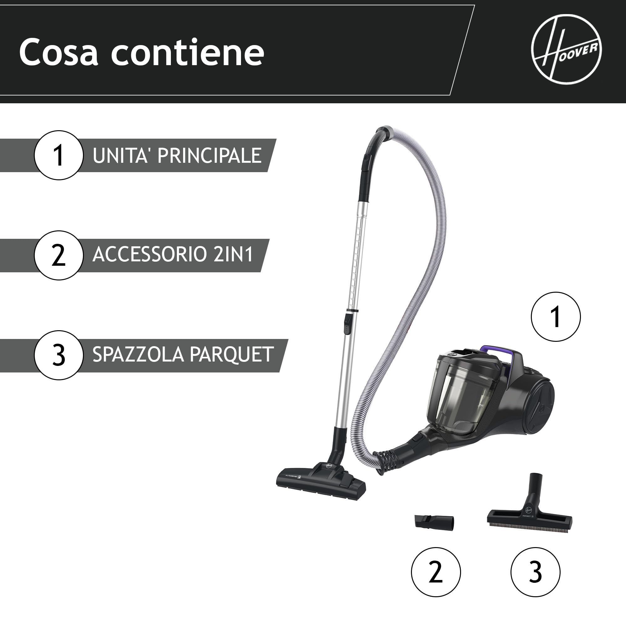 Hoover Aspirapolvere a traino senza sacco potente e compatto HP1 per tappeti, pavimenti duri e delicati, Leggero e con filo, Contenitore 2L, Spazzola Parquet, Raggio d'azione 7,5 m [HPZ107HM]