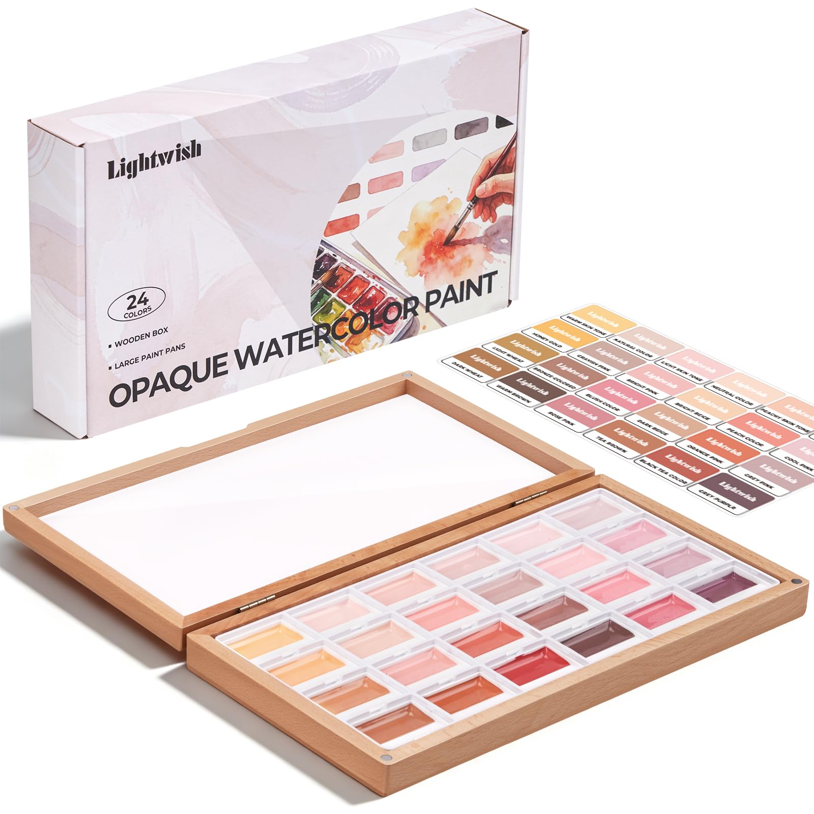 LIGHTWISH 24 Farben halbfeuchtes Aquarellfarben Set in Holzkiste Item Highlights