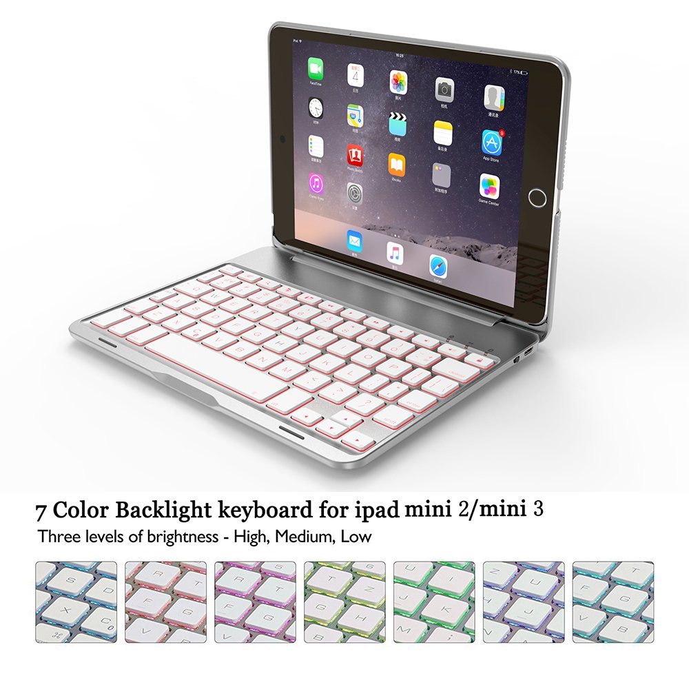 Elecguru iPad Mini 2 Case with Keyboard, Slim Aluminum Alloy Buttom iPad Mini 3 Wireless Bluetooth Keyboard Case Cover with 7 Color LED Backlight for iPad Mini 2,Mini 3 (Siliver)