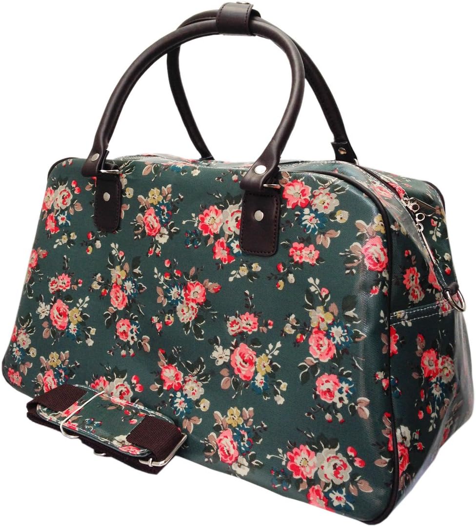 Ladies Oilcloth London/Stripe Design Print Holdall Weekend Travel Handbag (Flower Green)