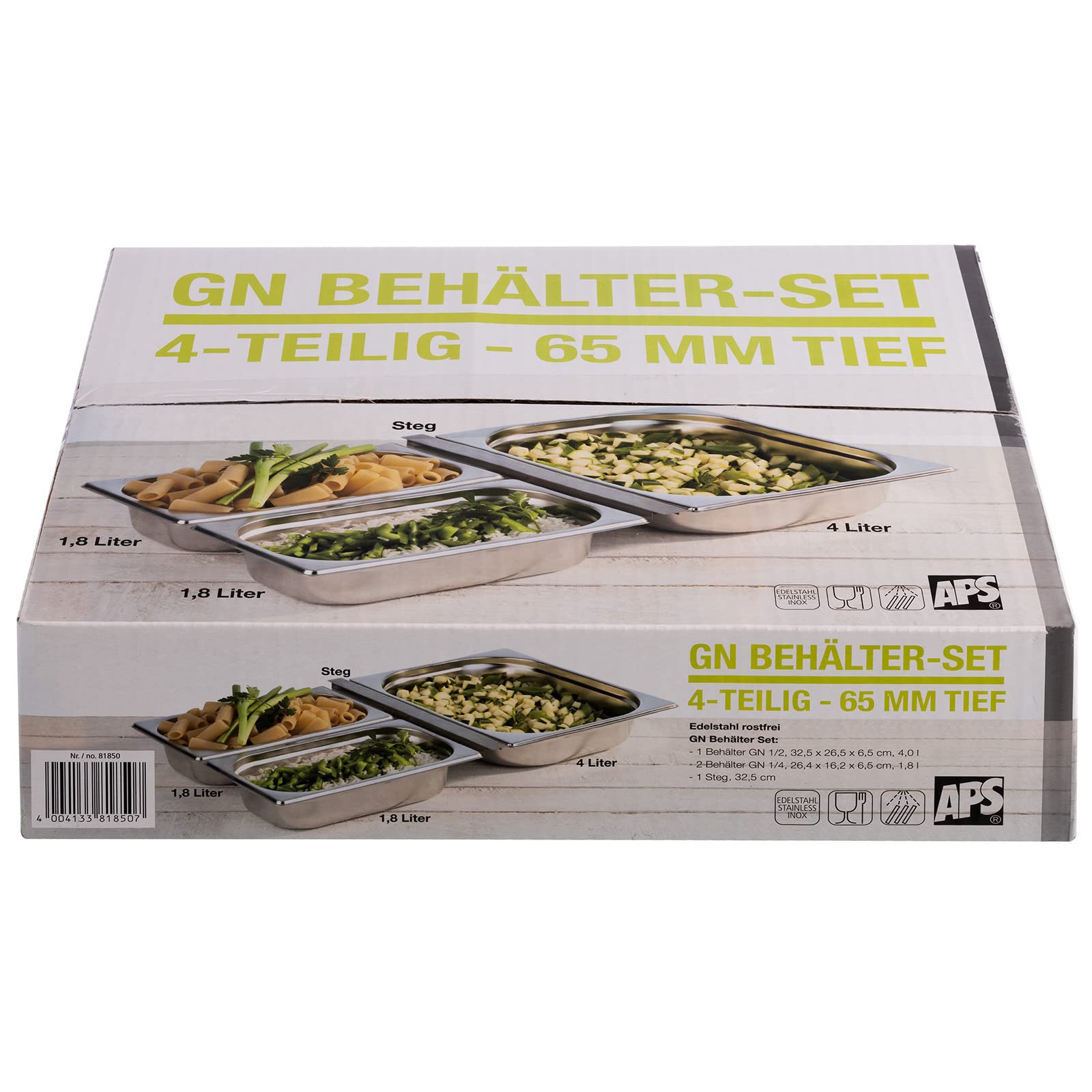 APS GN - Juego de recipientes de Acero Inoxidable (4 Piezas, 1 Recipiente GN 1/2, 4 litros, 32,5 x 26,5 cm, 65 mm, 2 recipientes GN 1/4, 1,8 litros, 26,4 x 16,2 cm, 65 mm, 1 Adaptador
