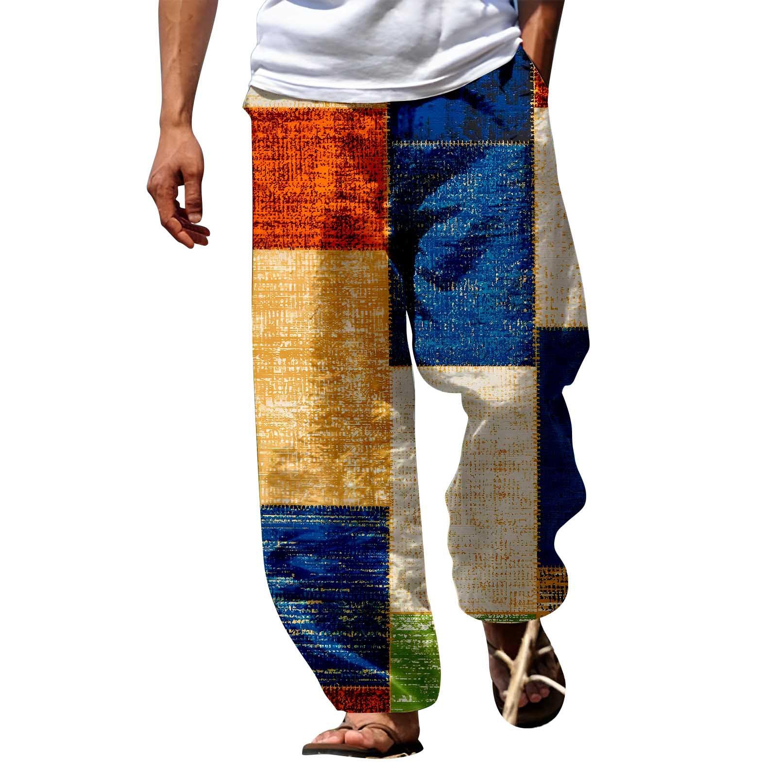 Bukknye Men's B-Yellow Patchwork Peace Elastic Waist Hippie Gypsy Trousers