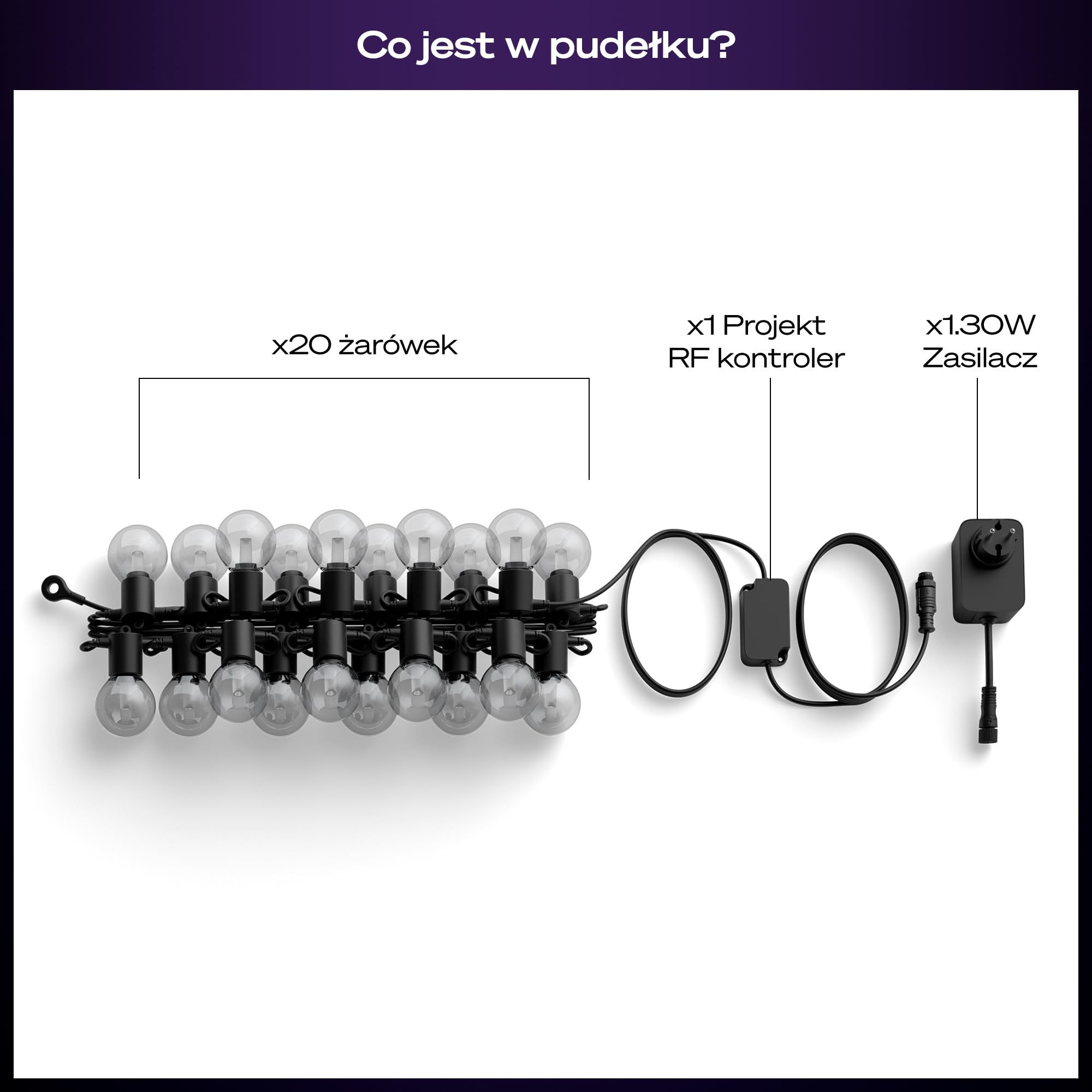 Lampki sznurkowe Philips Hue Festavia Globe na zewnątrz, białe i kolorowe, 14 m, 20 żarówek, ściemniane, sterowane aplikacją Hue, współpracujące z Alexa, Google Asystentem i Apple Home.