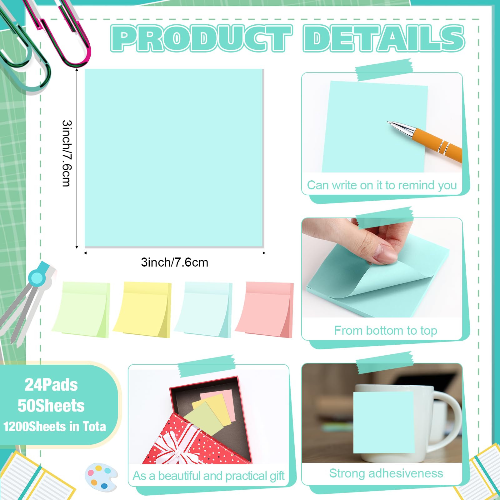 Fainne Haftnotizen für den Schulanfang, selbstklebende Notizblöcke, Papier, Memo für Büro, Schulanfang, Studenten, Lehrer, Essentials (7,6 x 7,6 cm, einfache Farbe), 200 Stück