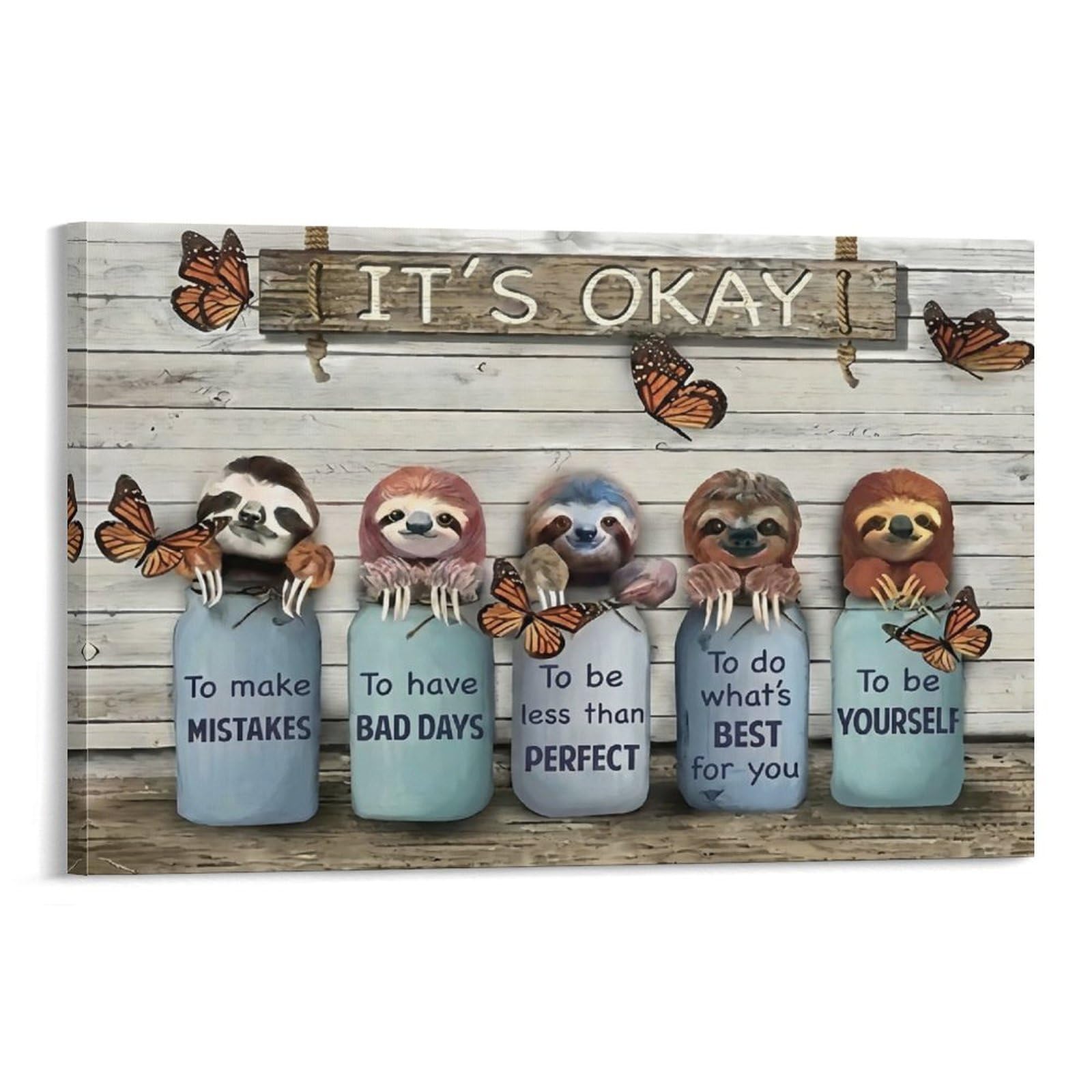 CPLVKWRQJ Sloth Motivational Art Single Five Sloth Jar Art Butterfly Wooden Sign Canvas Print - Office Wall Focal Art Fade Resistant Statement Piece Ready to Hang 20x30inch(50x75cm)