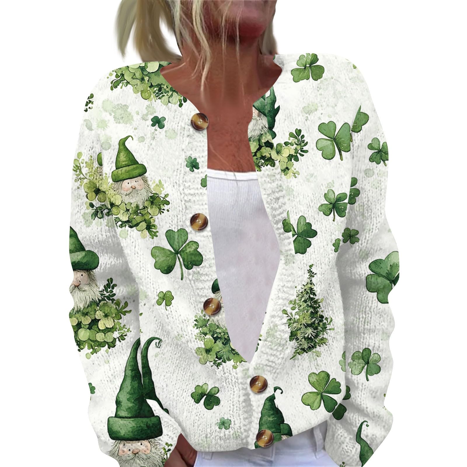 St Patricks Day Sweaters for Women Trendy Button Down Shamrock Graphic Cardigans Scoop Neck Cable Knit Top