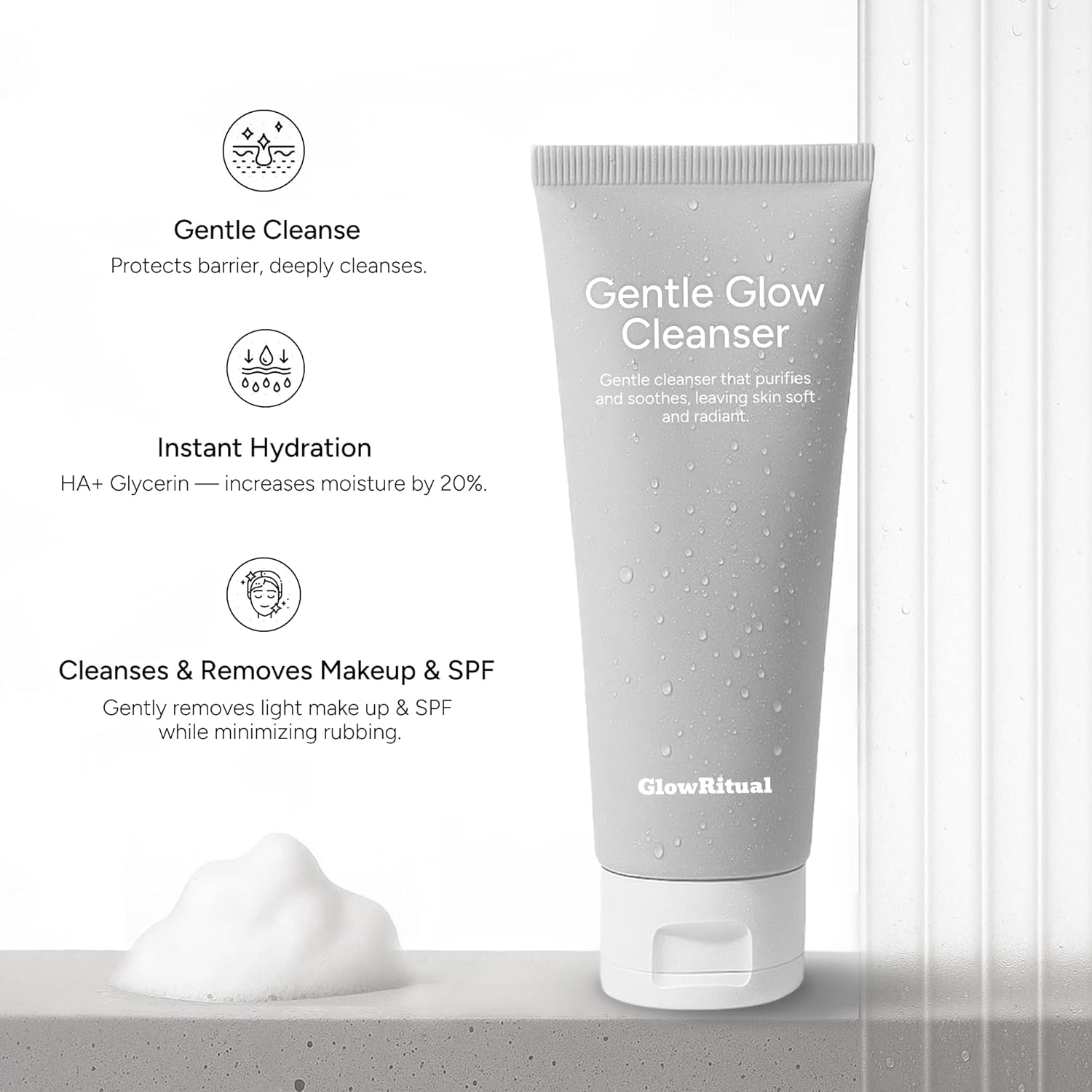GlowRitual Gentle Glow Cleanser, Amino Acid Foaming Face Wash for Blemish-Prone Skin, pH-Balanced Hydrating Clarifying Cleanser, Makeup Remover, Oil Control, Pore Minimizer for Clear, Radiant Skin