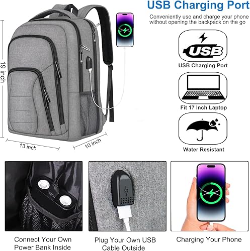 Miniatura 3 de Mochila grande para portátil de viaje, mochila para portátil de 17 pulgadas amigable con la TSA, Gris, Moderno