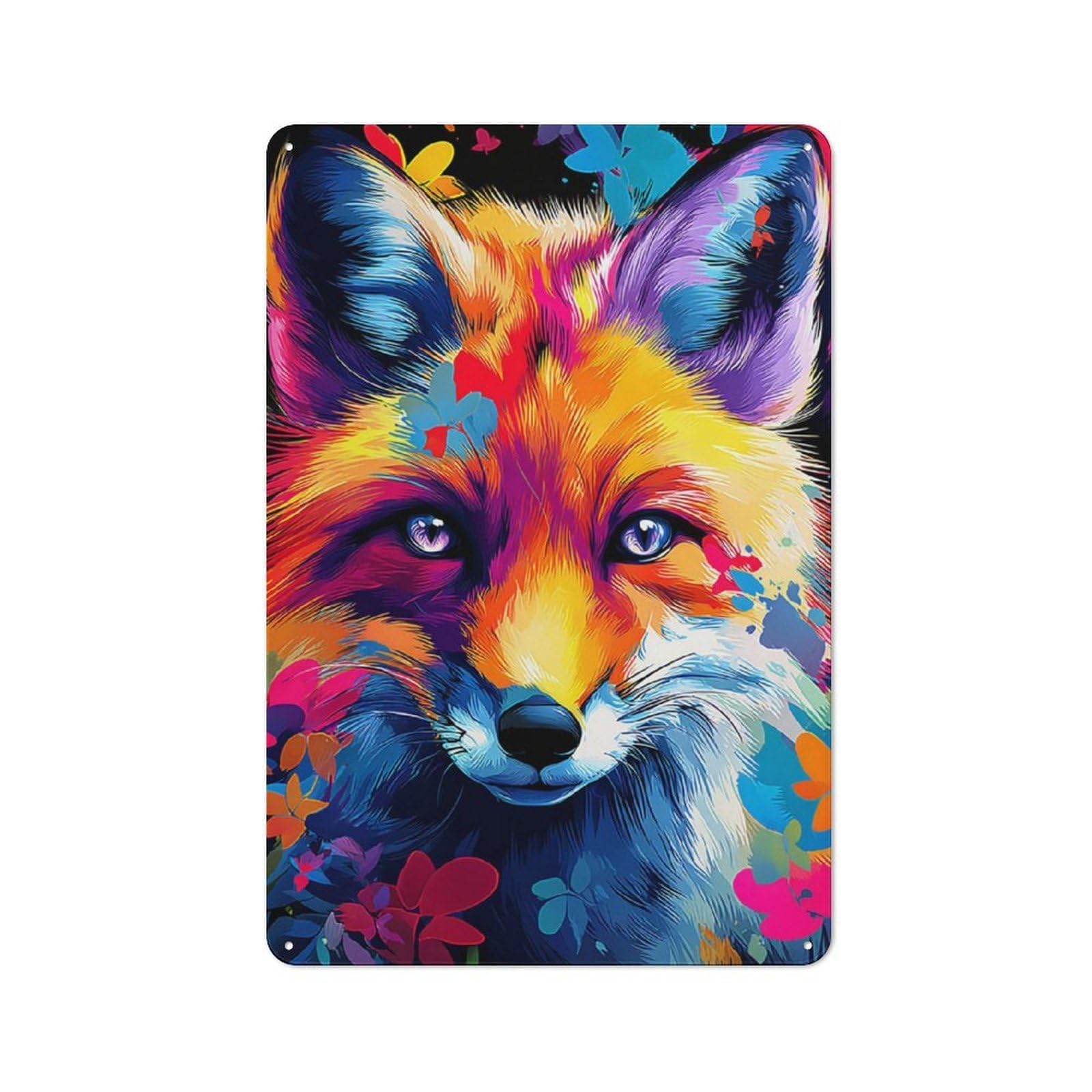 Junmoney Colorful Fox Portrait Metal Tin Sign, Small Wall Accent For Small Toilet, Washroom And Hallway, 30X20cm