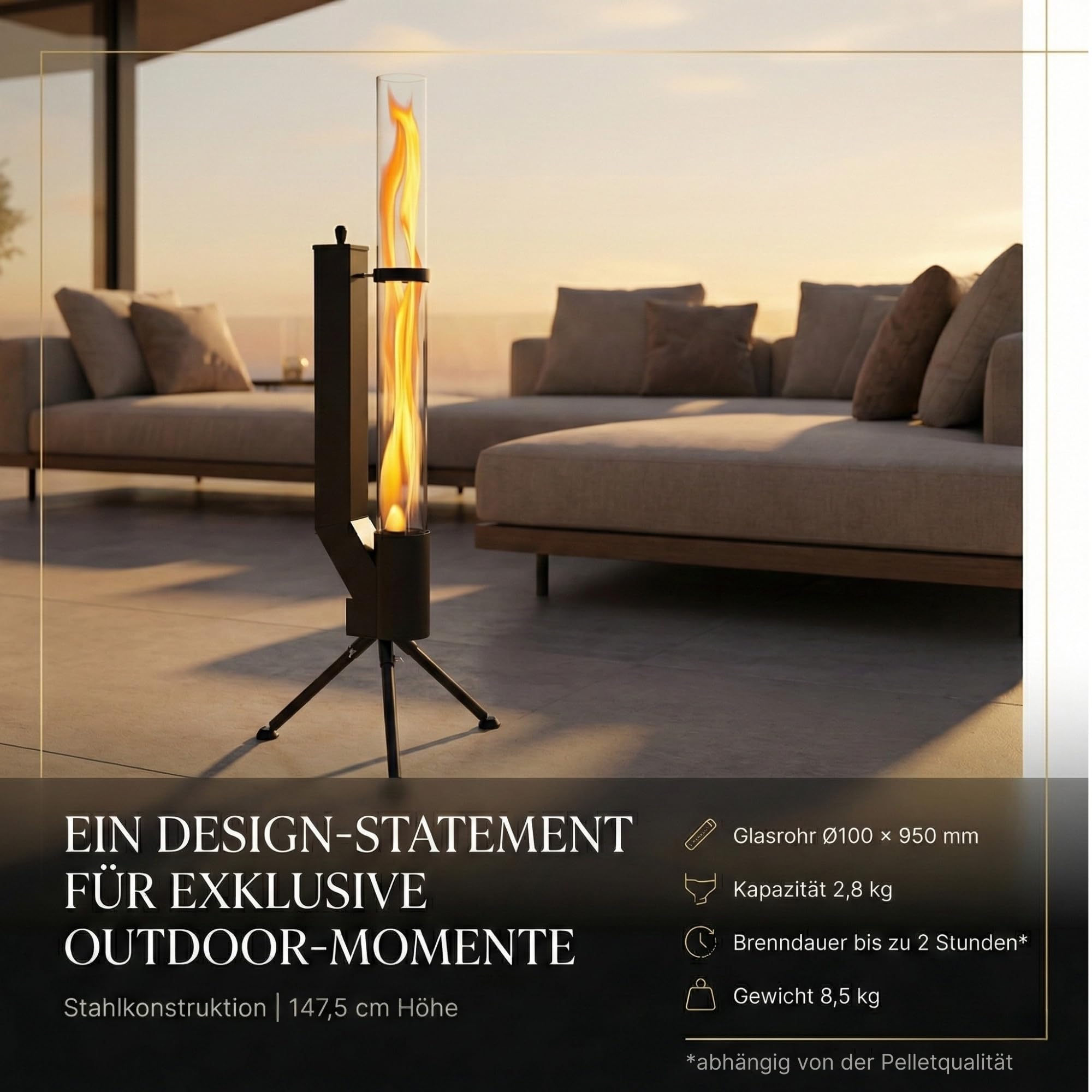 Albatros Torche à granulés de qualité supérieure - Noir - Poêle fusée pour le jardin - Avec tuyau de feu en verre - Chauffage de terrasse - Foyer d'extérieur sans électricité - Jusqu'à 2 heures de
