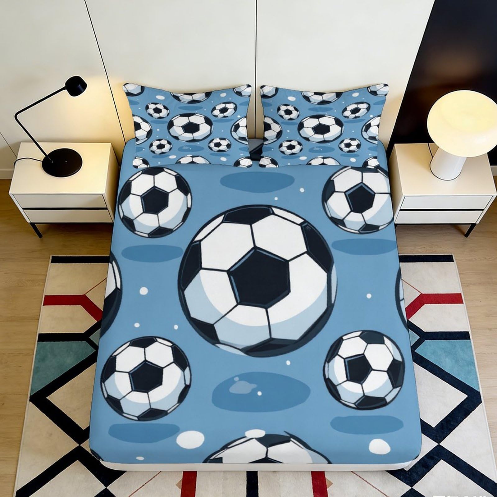 3D Printed Football Pattern Fitted Sheet Microfiber Blue Soccer Ball Bed Cover for Bedroom Dorm Mattress Protection 90x200x25cm