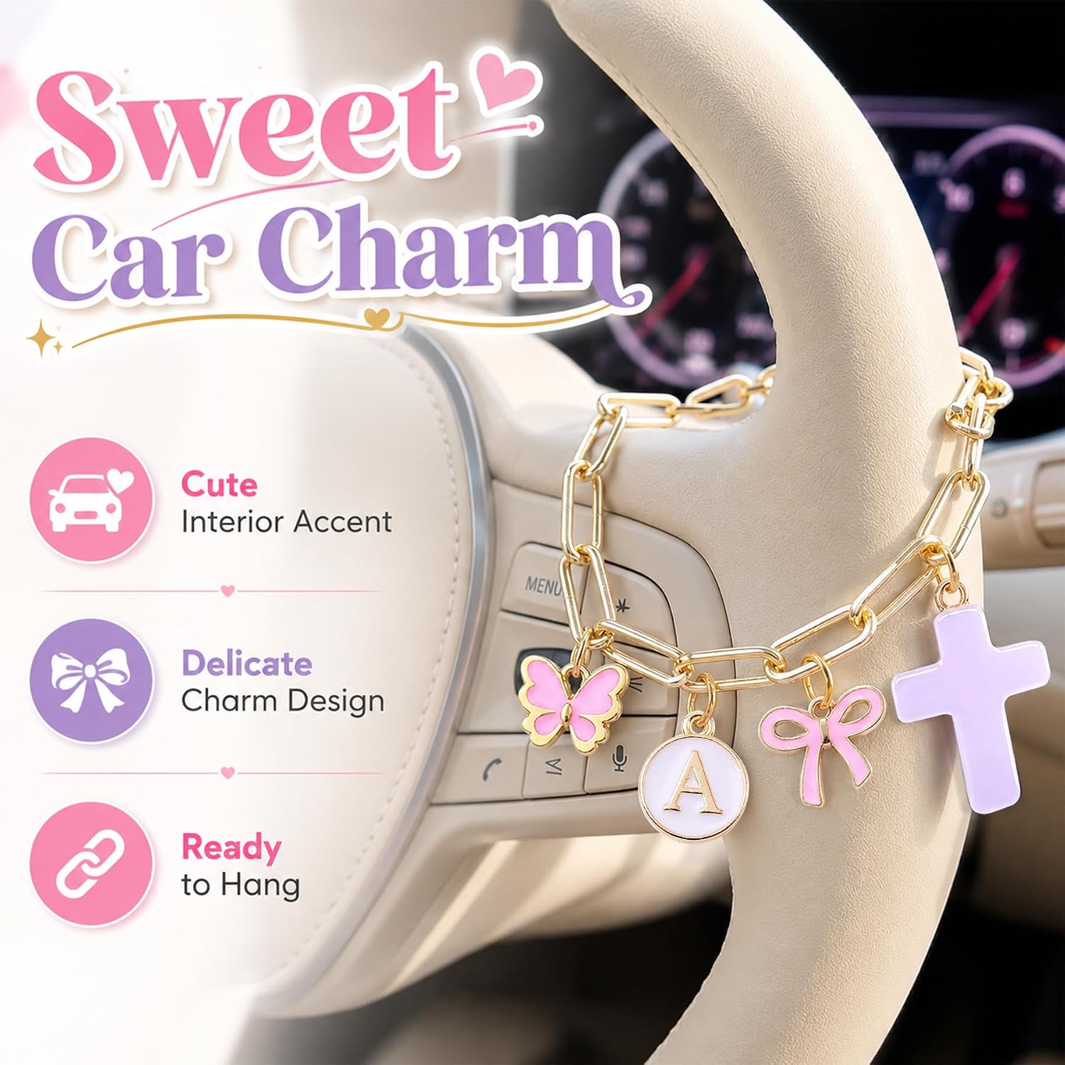 Cross Letter D Gold Car Steering Wheel Charm Chain Christian Gifts image 3