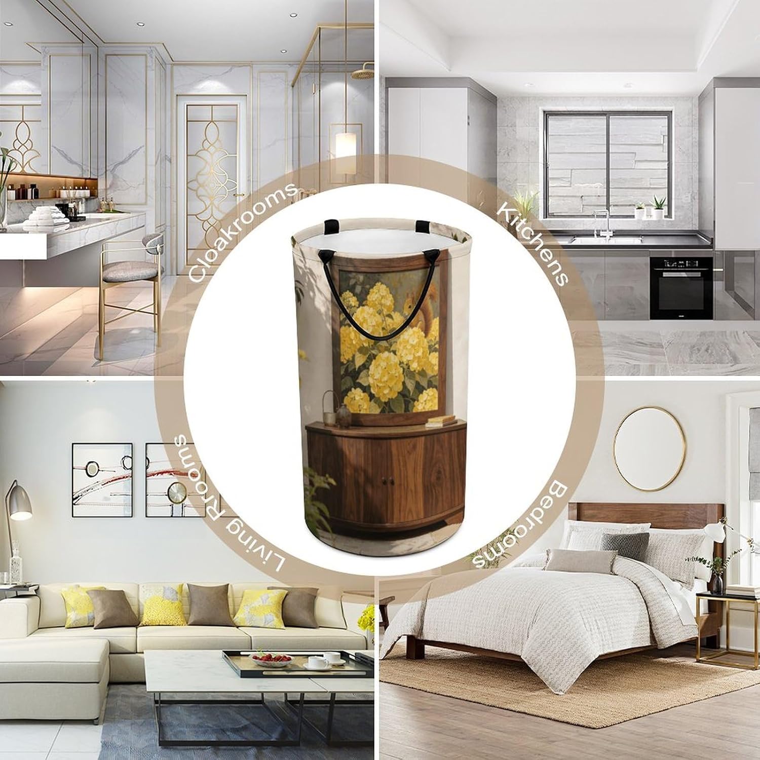 Wenge Stil De Grain Yellow Squirrel Hydrangea Laundry Hamper with Handles Waterproof Collapsible Laundry Basket Large Lightweight Round Dirty Clothes Hamper for Home Dorm Bathroom Decor