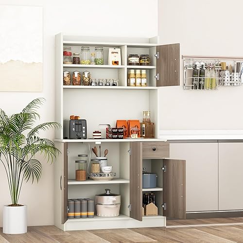 Miniatura 2 de COSTWAY Armario de almacenamiento de despensa de cocina, gabinete alto independiente de 71 pulgadas con estación de carga, soporte para microondas,