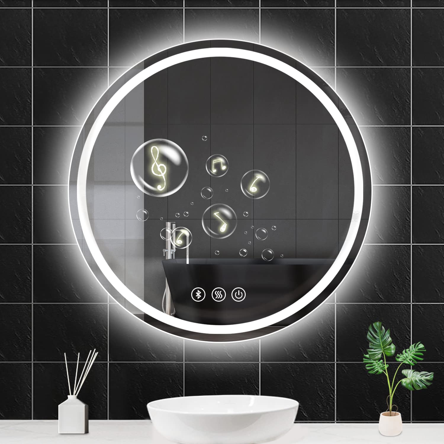 Habison Espejo de baño redondo LED de 70 x 70 cm, espejo Bluetooth, antivaho, interruptor táctil, regulable LED espejo de baño con luz blanca cálida/fría/luz neutra para baño