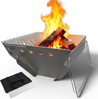 CROSSHIP Collapsible Stainless Steel Fire Pit for Camping - Portable 17" 2-4 Person with Grill Net & Carrying Bag