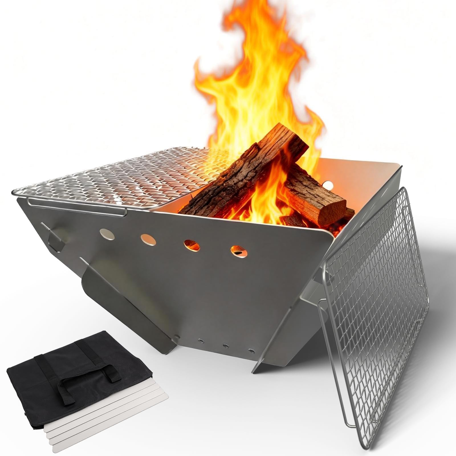 Stainless Steel Fire Pit for Camping, Collapsible Fire Pit for Outdoor Use, 2-4 Person Portable Firepit, Tool-Free Assembly, Patio, Bonfire, Picnic and BBQ with Grill Net & Canvas Storage Bag-picture-47