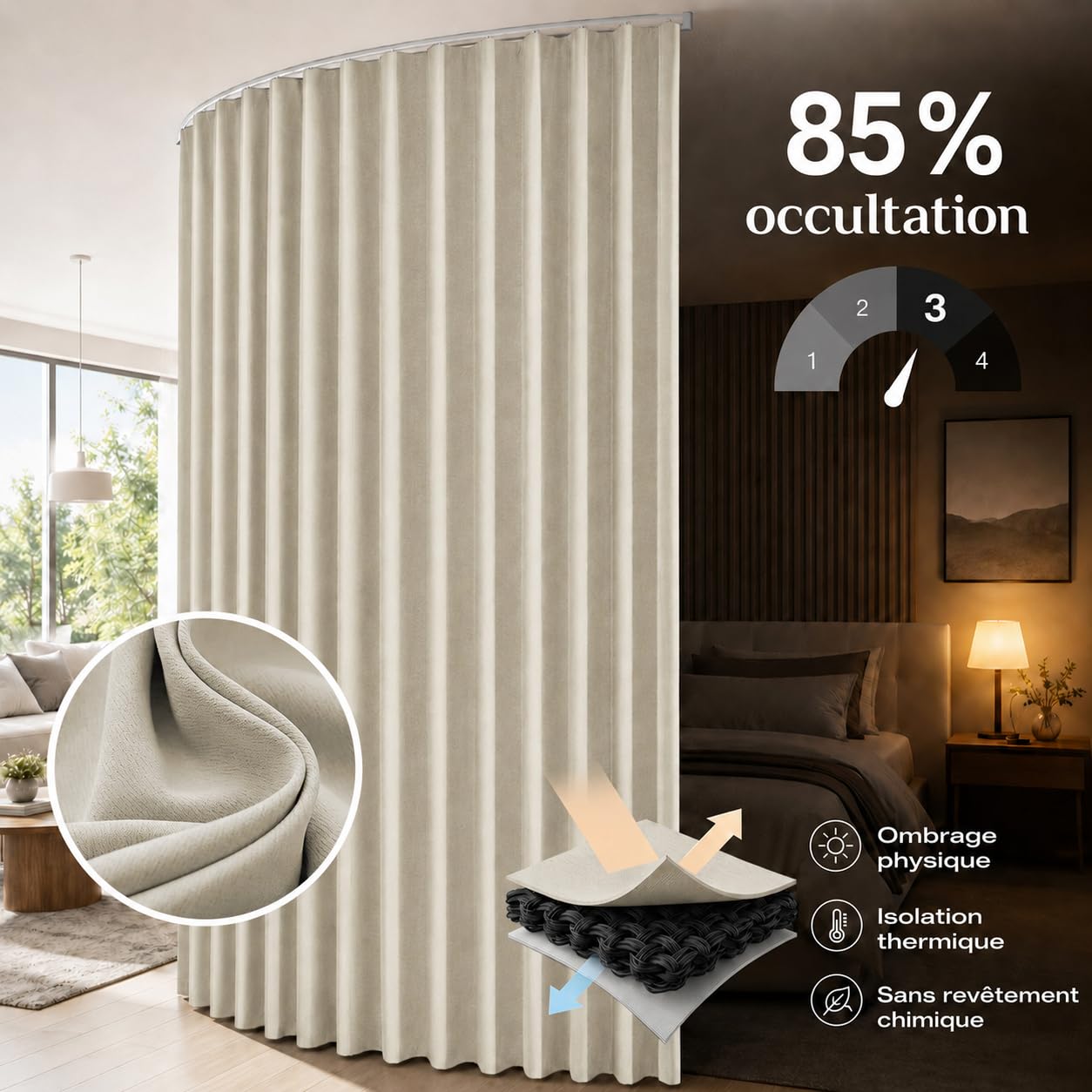 254 cm Extra Large Rideau Séparateur de Pièce avec Rail Plafond Occultant | Rideaux Thermique, Kit Complet Rail Pliable Et Rideau, Tissu Occultant Triple Tissage, pour Studio et Bureau (H 274cm, Beige)