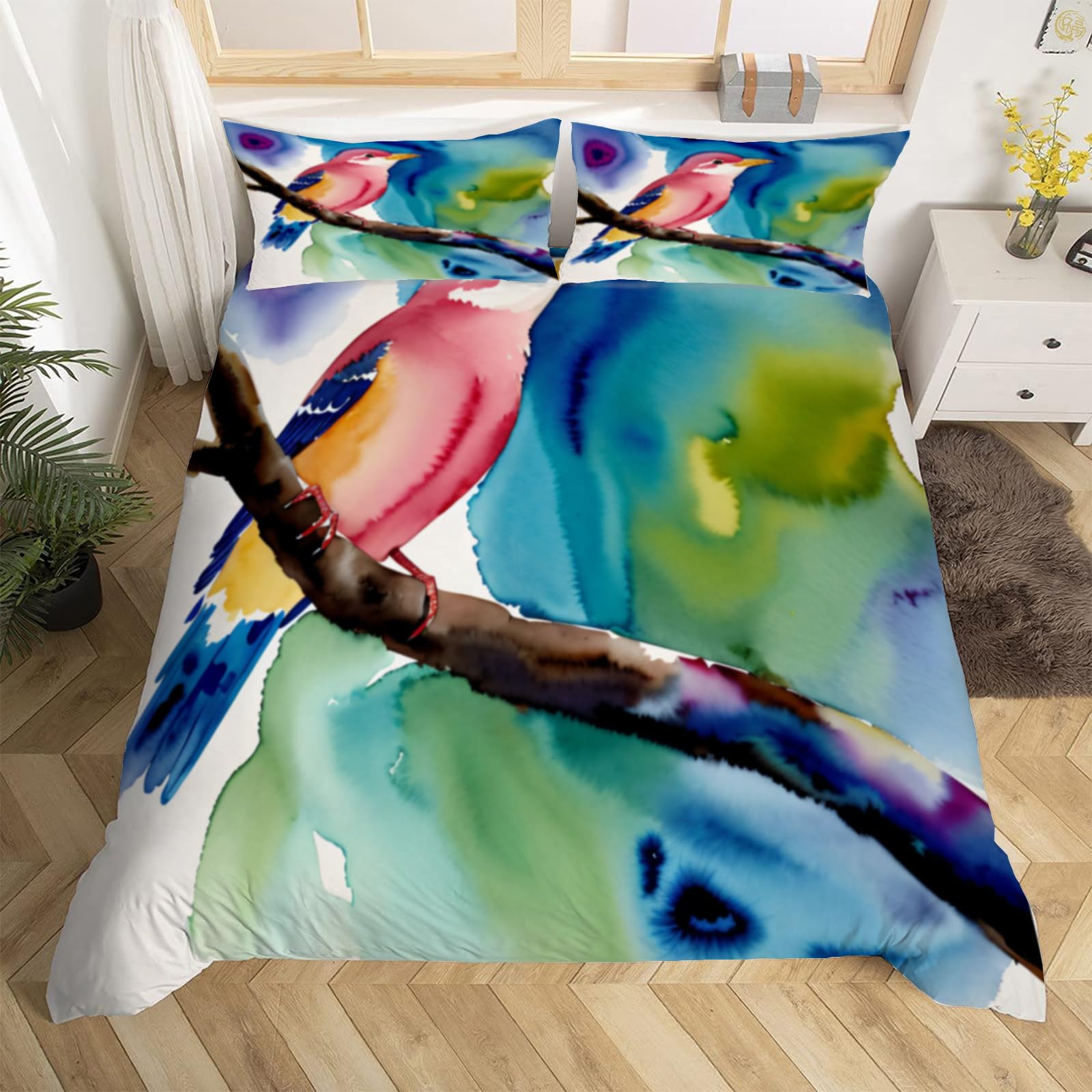 Housse de couette oiseaux 240 x 260 pour grand lit facile à enfiler avec son zip