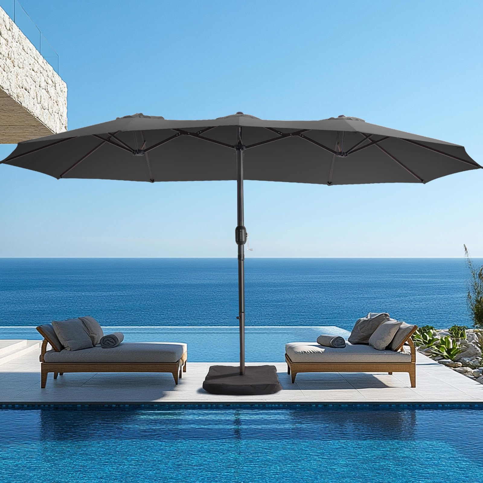 wikiwiki 15ft Large Patio Umbrellas with Base Included, Outdoor Double-Sided Umbrella with Crank Handle, Powerful UV Protective, for Pool Lawn Garden, Dark Grey