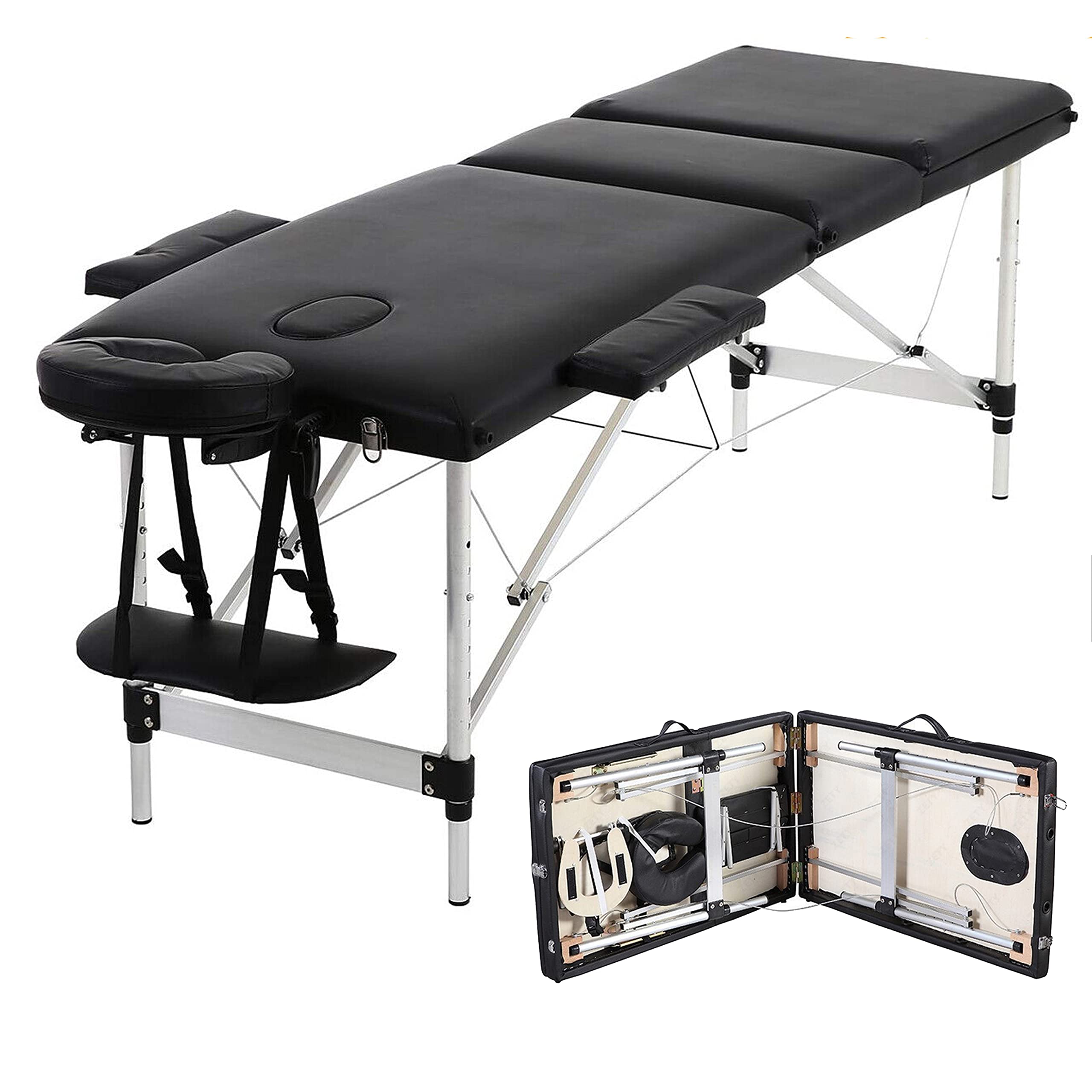 Leżak do masażu, 3 strefy, leżanka kosmetyczna, mobilny stół do masażu z aluminiowymi nóżkami o regulowanej wysokości, składany leżak terapeutyczny, przenośny, ławka do masażu, łóżko do masażu – nośność 230 kg, czarny