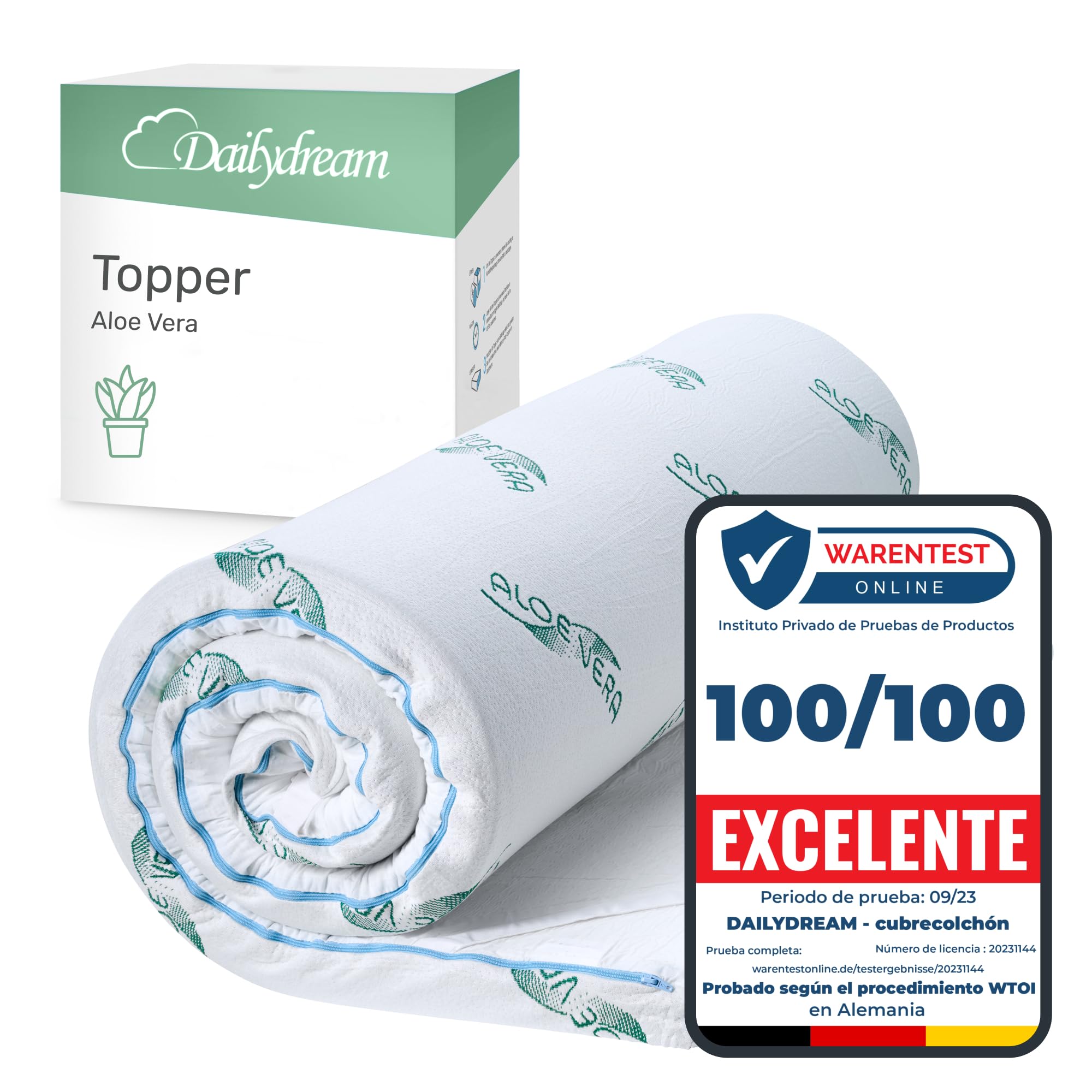 Dailydream Topper Viscoelástico 90x200 cm, Memory Foam, 5 cm de Alto | Edición Aloe Vera, sobrecolchón viscoelástico con funda suave al tacto, base antideslizante y correas elásticas.
