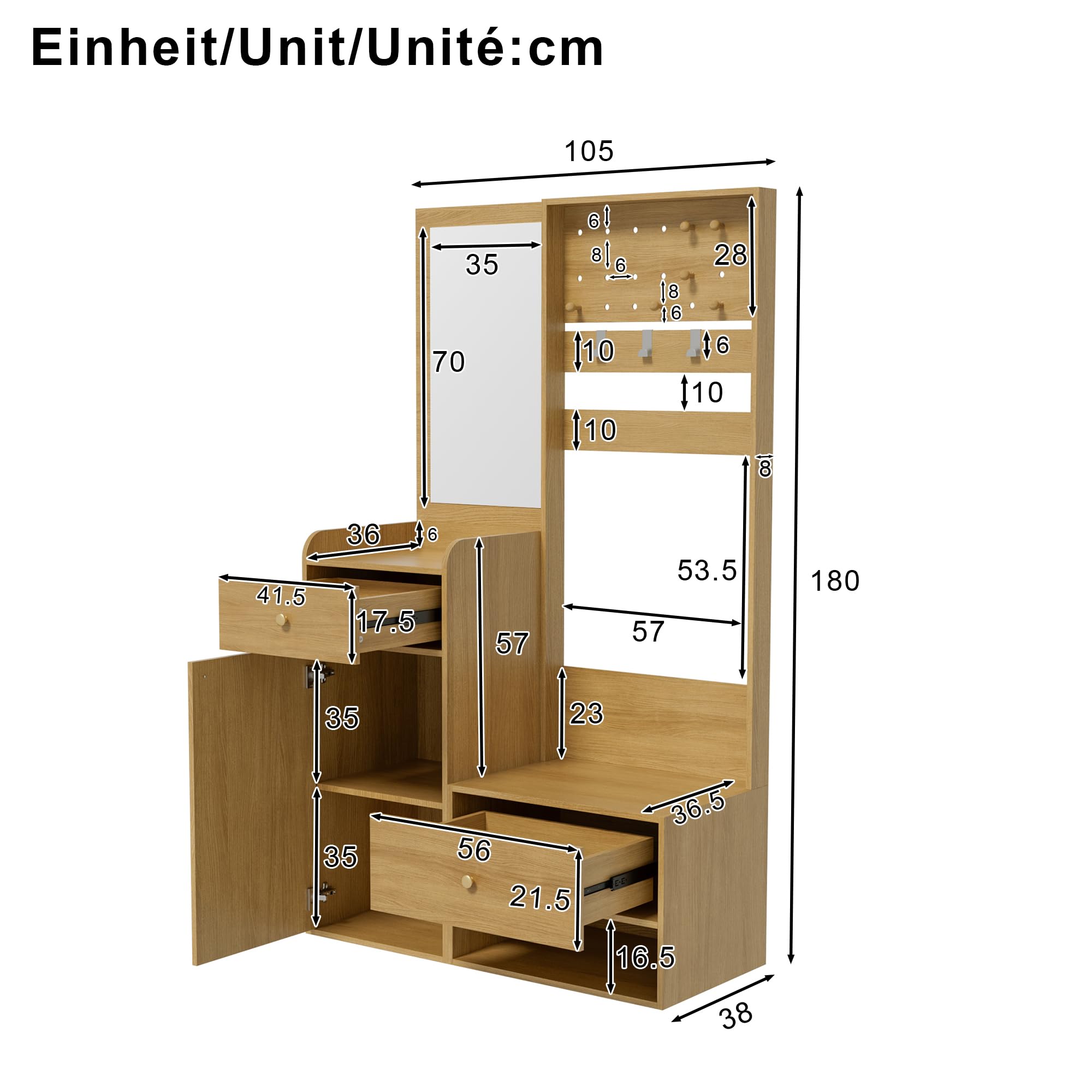 Perchero compacto con espejo, moderno estante de entrada para pasillo con ganchos ajustables y estantes, para zapatos, abrigos y objetos pequeños, blanco, 105 x 38 x 180 cm (color madera)
