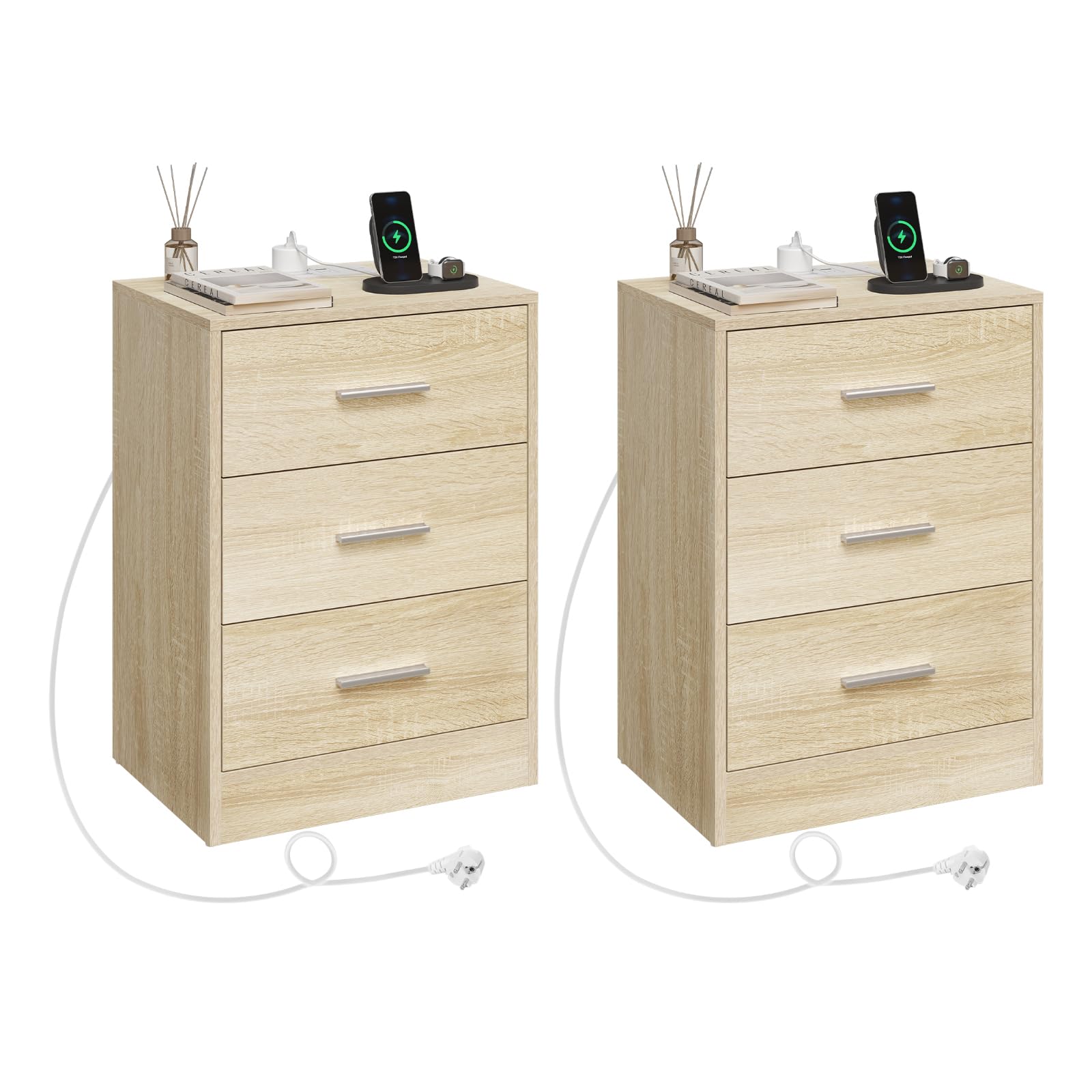 WOLTU Set di 2 Comodini, Comodini con Stazione di Ricarica, con 3 Cassetti, Rovere Chiaro, per Soggiorno Camera da Letto Studio, 39x28.5x54.5cm