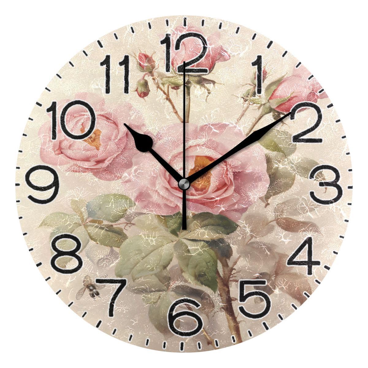 Pink Rose Flowers Wall Clock Battery Operated Non Ticking Silent Quartz Analog Rustic Farmhouse Round Clock Retro Decor for Home Kitchen Living Room Bathroom12