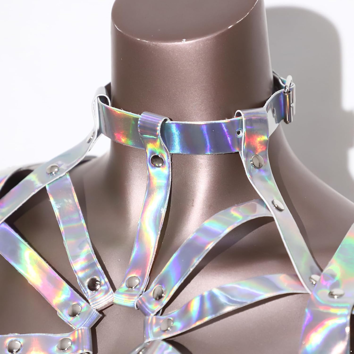 Shiny Metallic Punk Leather Chest Harness Body Choker Belt Rave Nightclub Cage Bra Armor Shrug for Women