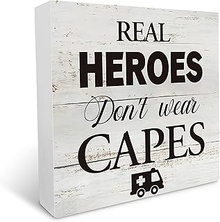 FixeLLD Real Heroes Don't Wear Capes Wooden Box Sign Desk Decor Rustic EMT First Responder Wood Block Plaque Box Sign for Home Living Room Shelf Table Decoration (5x5 Inch)