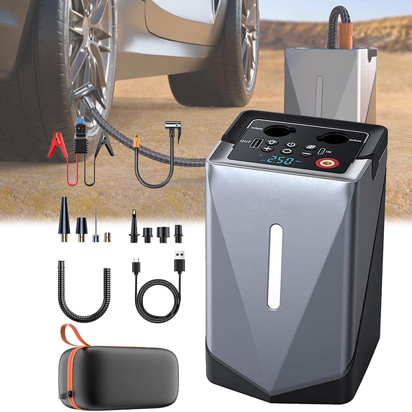 Démarreur de Secours Multifonctionnel avec Pompe à air, démarreur de Secours Portable pour Voiture, démarreur de Secours avec compresseur d'air, gonfleur Rapide 150 psi, Banque d'alimentation, lumiè