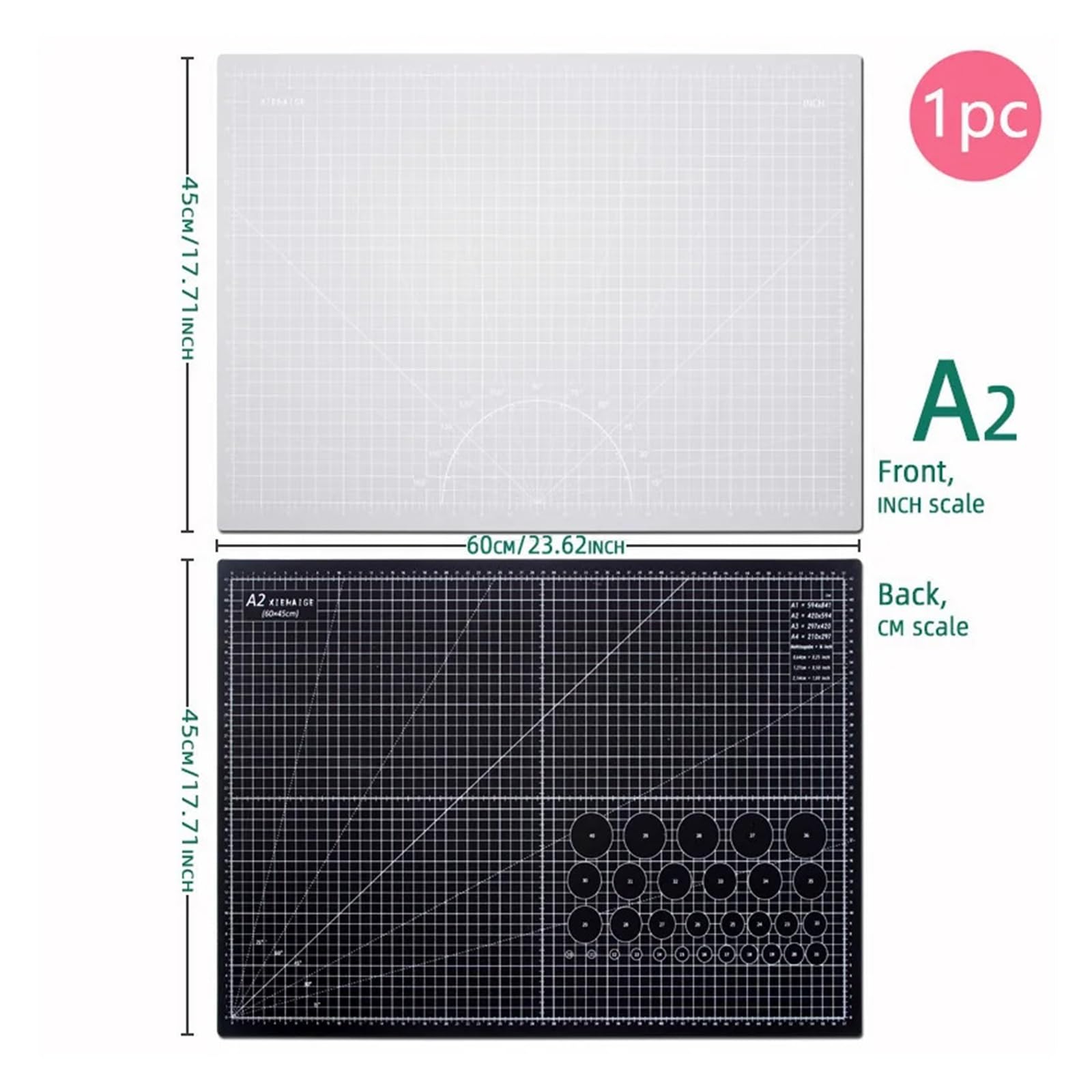 Schneidematte Selbstheilend 2pcs 60 * 45cm A2 PVC Cutting Mat Board Durable Self-healing DIY Sewing Student Art Paper Engraving Pad Leather Craft Tool(A2 Green-green)