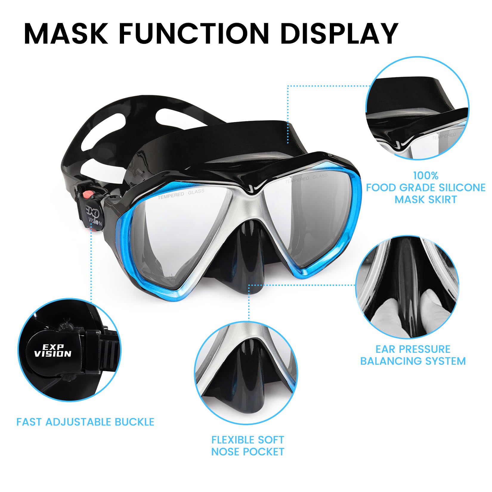 Máscara de Buceo, 180°View HD Máscara de Snorkeling/Buceo, Gafas de Buceo y antifugas, Juego de Buceo para Adultos y niños