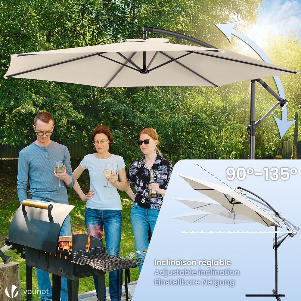 VOUNOT Ombrellone da Giardino Diametro 3M Decentrato Parasole Base a Croce Protezione UV Beige