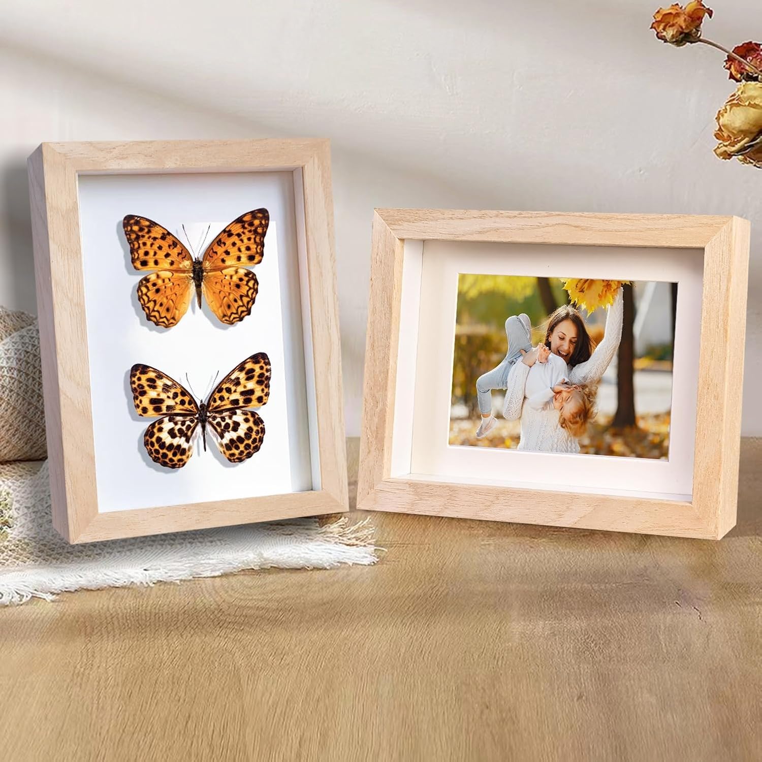 5x7 Shadow Box Frame Small Shadow Box Display Case 4 Pack Natural Wood Picture Frame Glass Surface Internal Depth 0.6 inch for Wall Or Tabletop