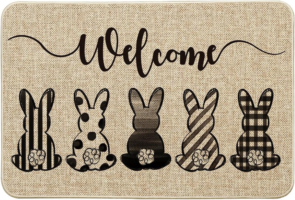 Artoid Mode Buffalo Plaid Stripes Dot Bunny Welcome Easter Doormat, Seasonal Spring Summer Holiday Yard Floor Switch Mat for Indoor Outdoor 24x35 Inch