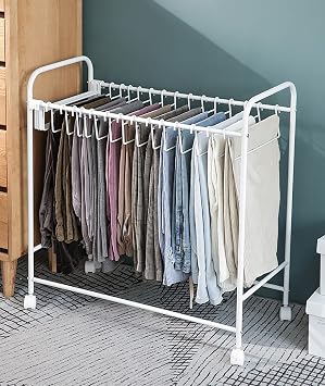 Rolling Pant Rack Trolley for Jeans/Trouser,Heavy Duty Closet Pants Hangers Organizer,Floor Large Capacity Space Saving Cloakroom Storage Stand,White 20 hangers
