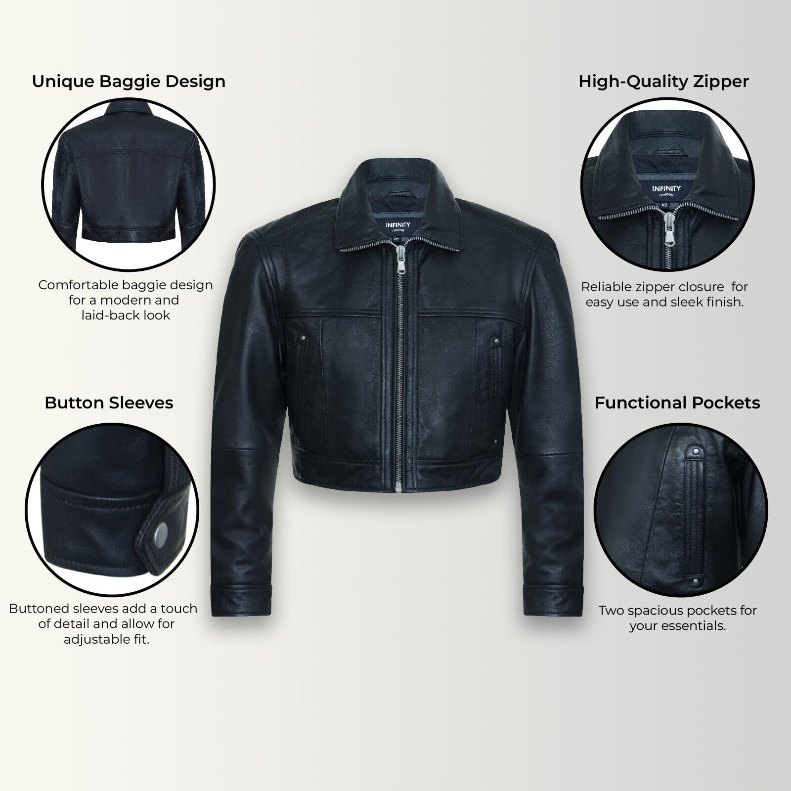 Chaqueta de Cuero Estilo Motero Clásica Recortada Negra Para Mujer