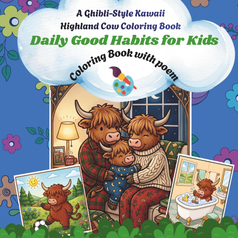 The Little Kawaii Highland Cow Coloring Book: Daily Good Habits for Kids | Coloring Book with poem | 60+ Bold and Simple coloring pages with poem for ... routine | Soft Aesthetic Illustrations