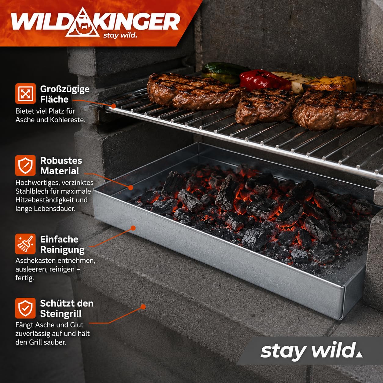 Wildkinger Aschekasten 51x36 cm Aschewanne für Grill Steingrill Feuerstelle